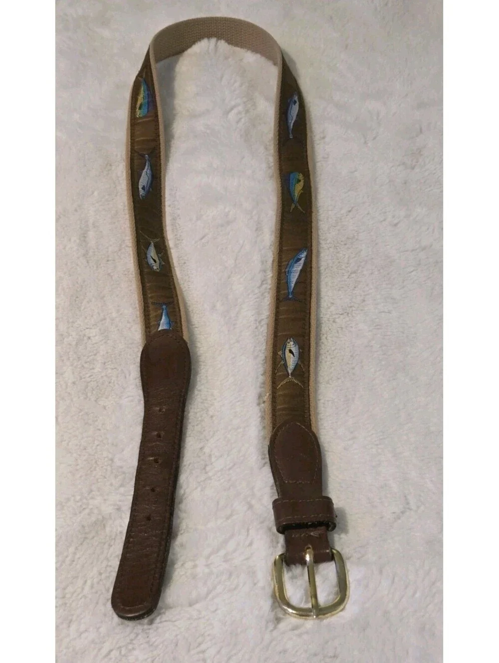 Zep-Pro Size 44 Brown Leather + Fabric Mahi Mahi Mahi-Mahi Fish Ribbon Belt
